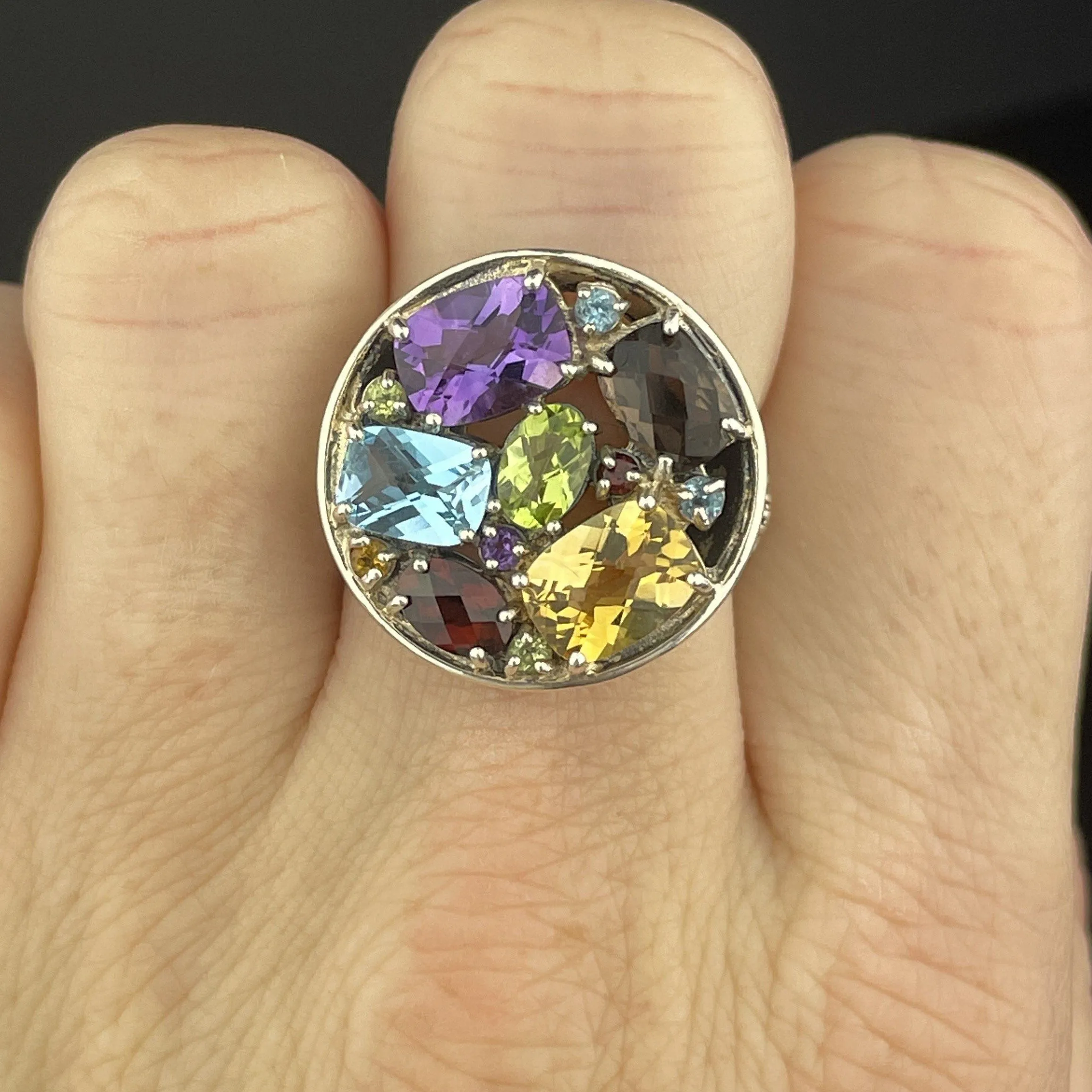 Vintage Silver Multi Gemstone Harlequin Ring, Sz 7