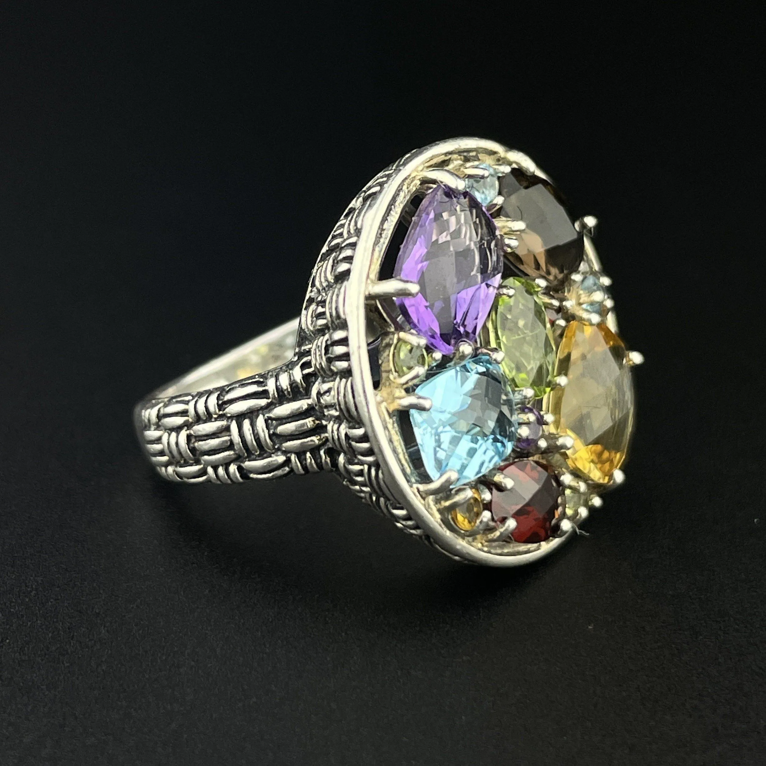 Vintage Silver Multi Gemstone Harlequin Ring, Sz 7