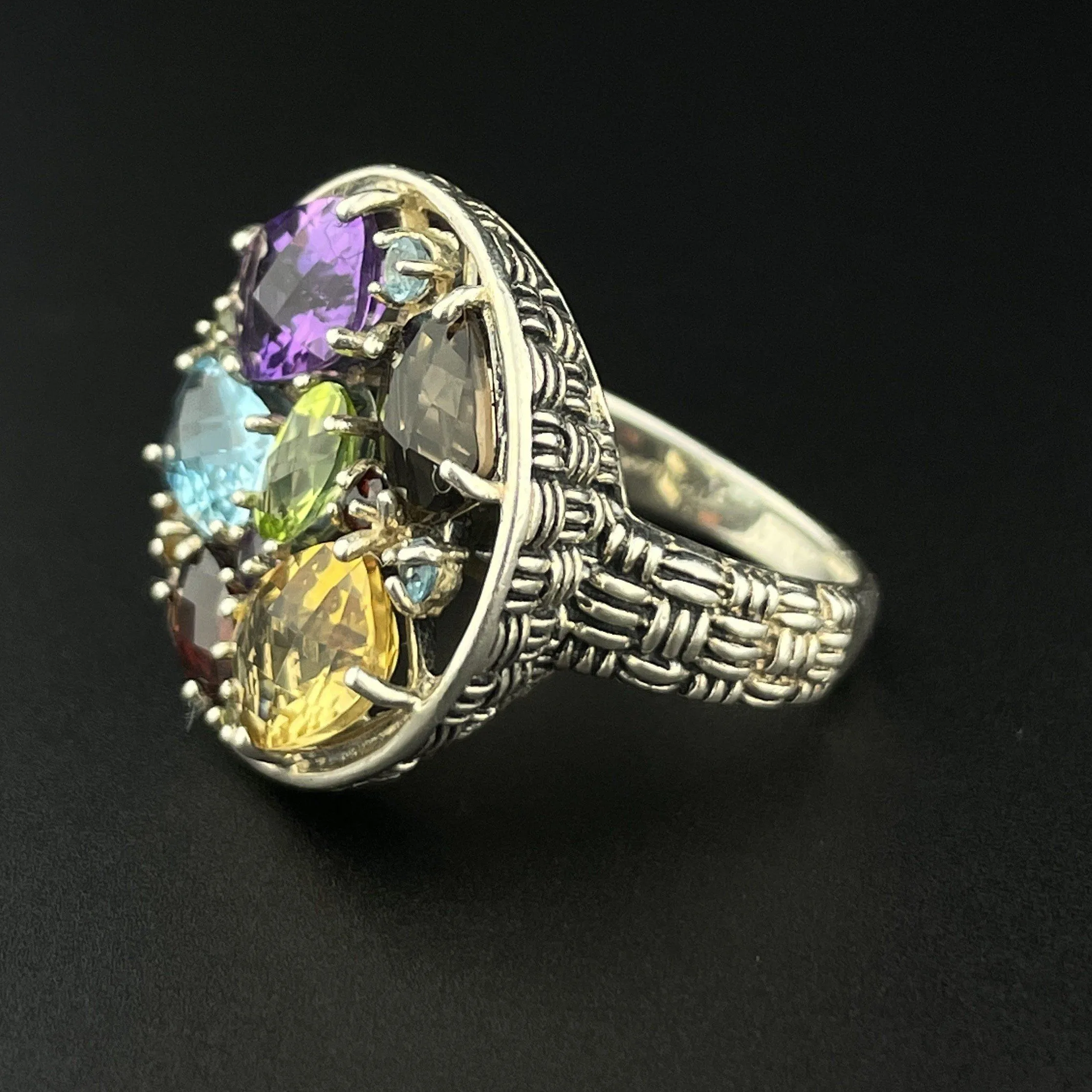 Vintage Silver Multi Gemstone Harlequin Ring, Sz 7