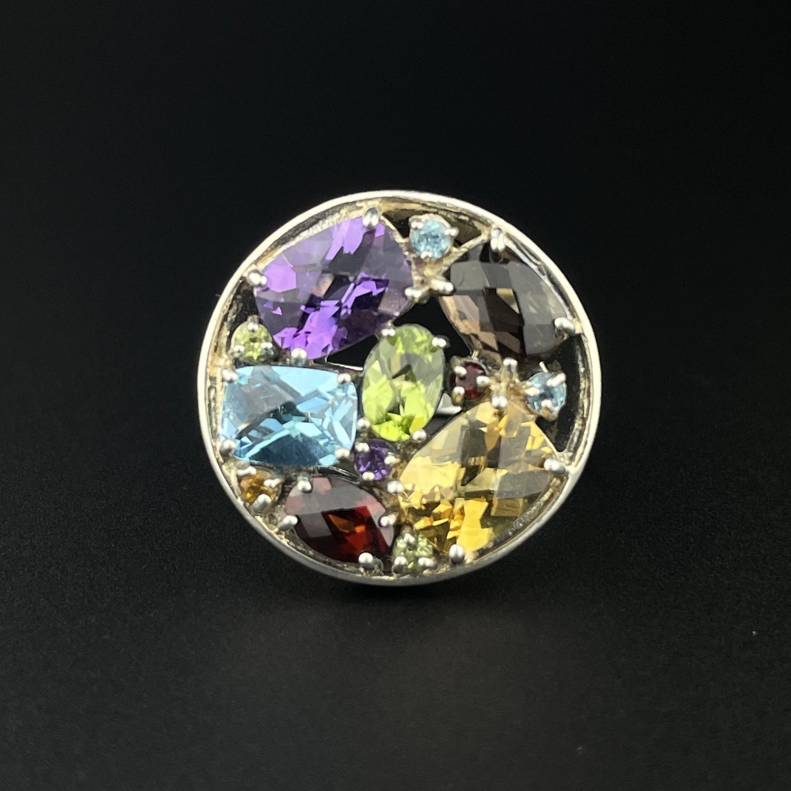 Vintage Silver Multi Gemstone Harlequin Ring, Sz 7