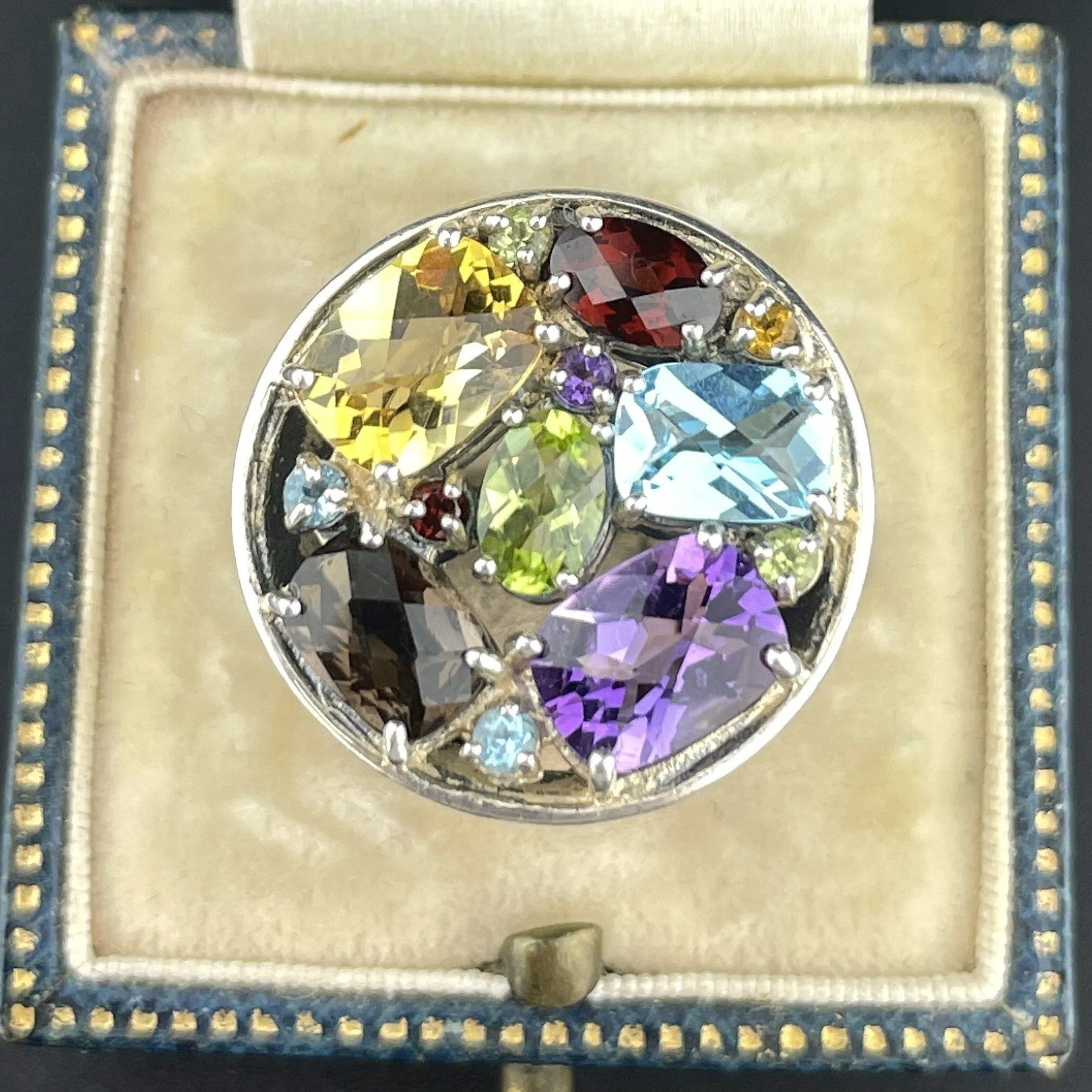 Vintage Silver Multi Gemstone Harlequin Ring, Sz 7