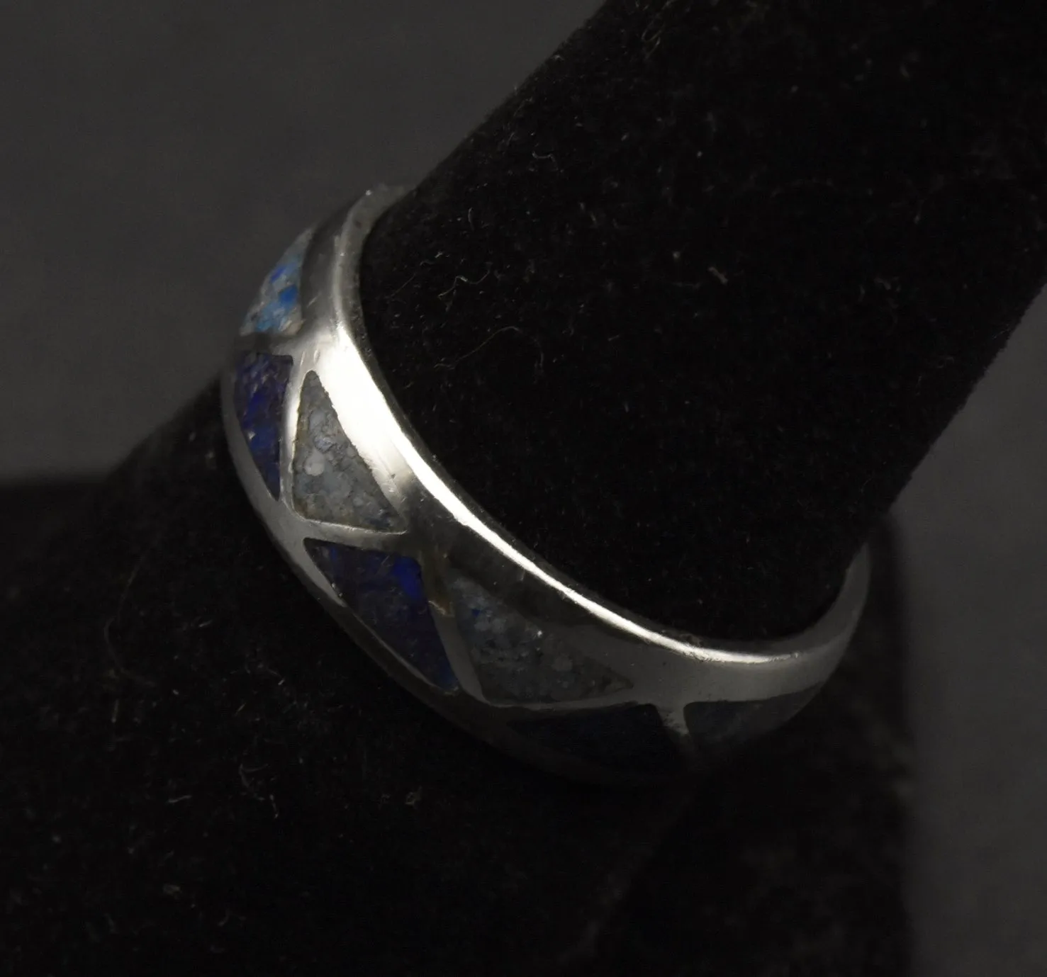 Vintage Sterling Silver Blue Inlaid Crushed Stone Ring - Size 7.75