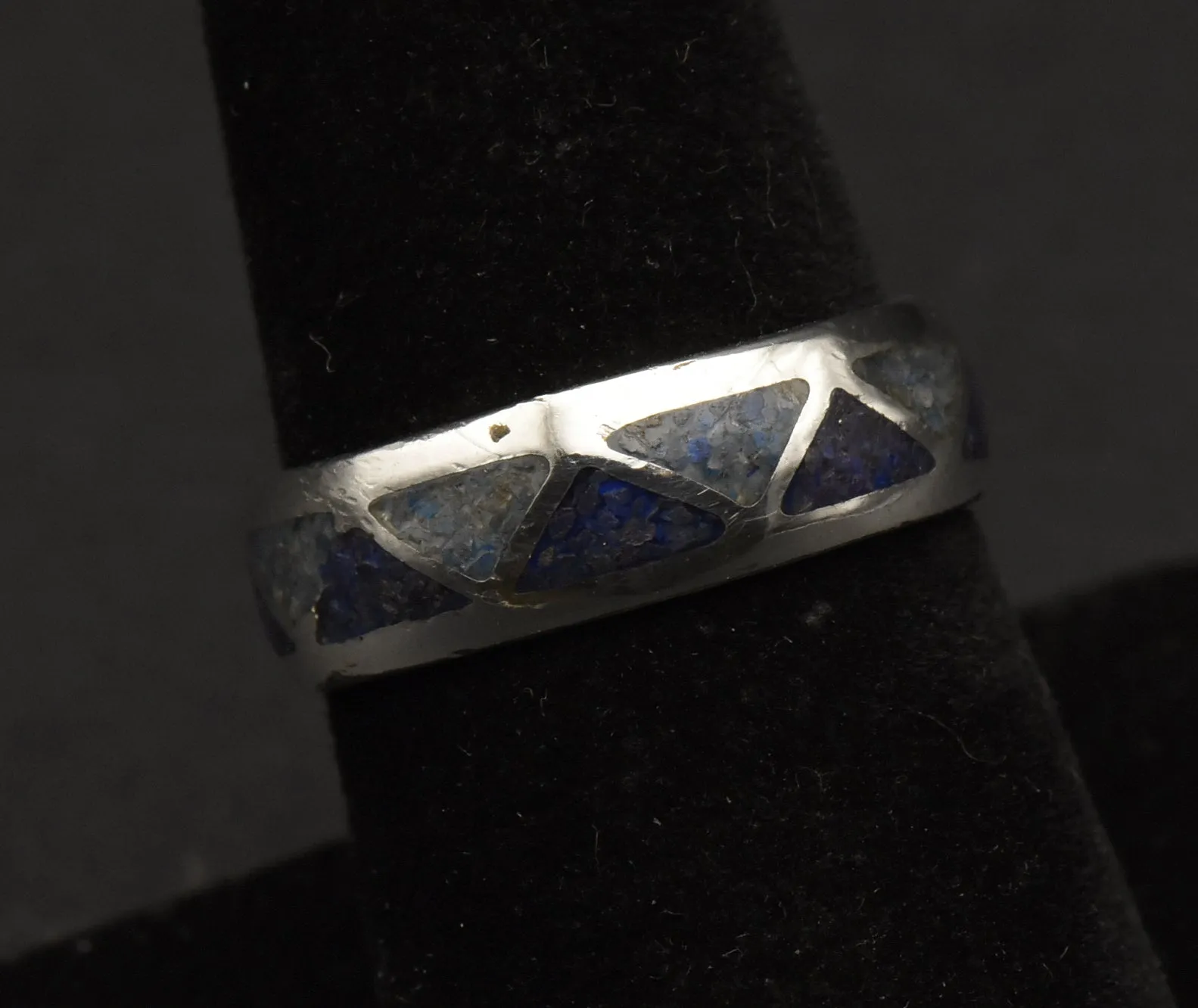 Vintage Sterling Silver Blue Inlaid Crushed Stone Ring - Size 7.75