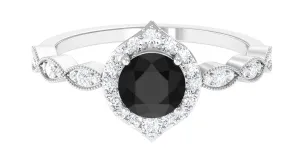 Vintage Style Black Spinel Engagement Ring with Diamond Accent