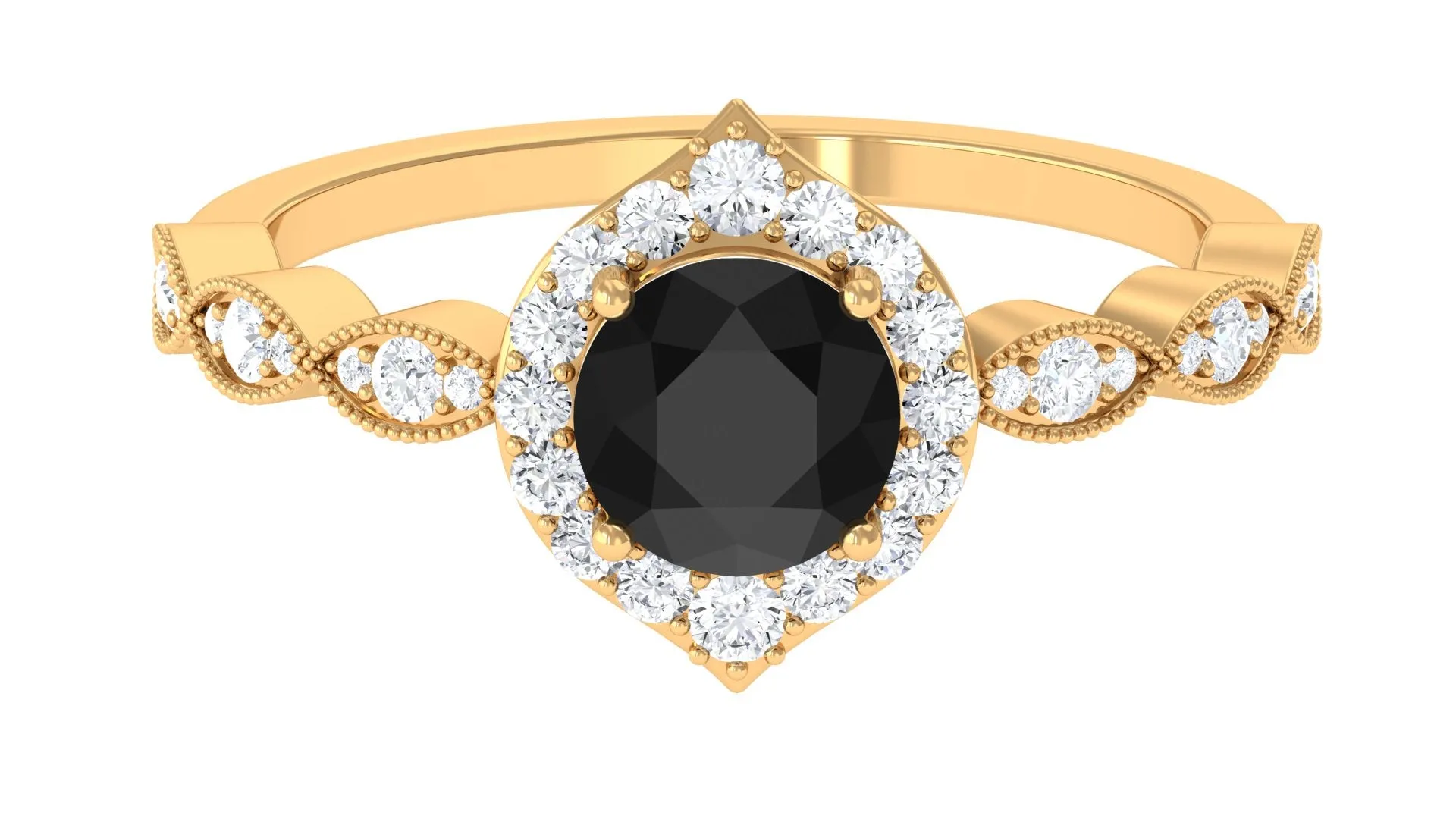 Vintage Style Black Spinel Engagement Ring with Diamond Accent