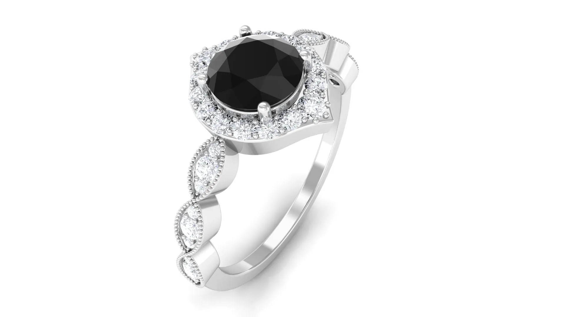 Vintage Style Black Spinel Engagement Ring with Diamond Accent