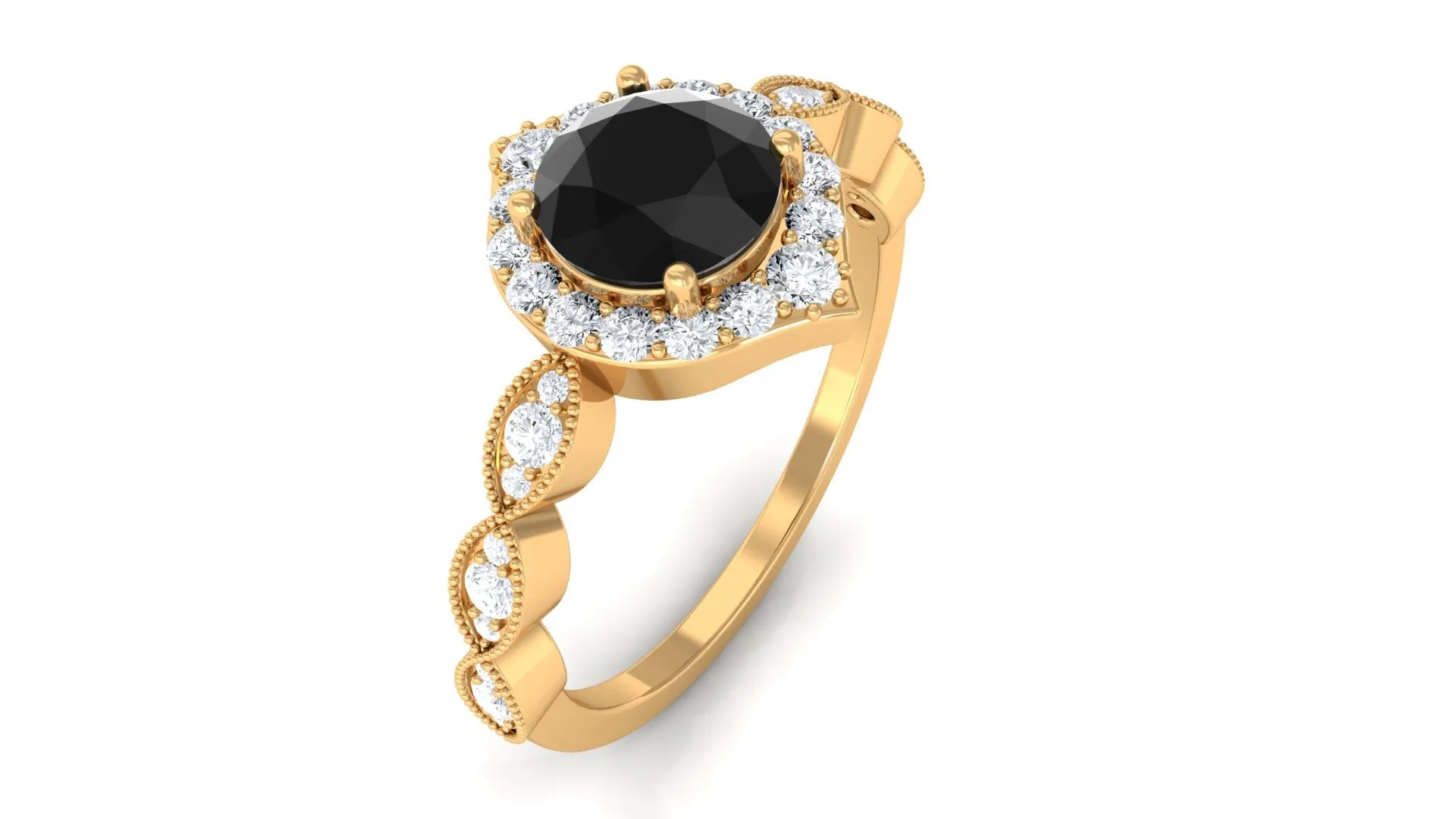 Vintage Style Black Spinel Engagement Ring with Diamond Accent