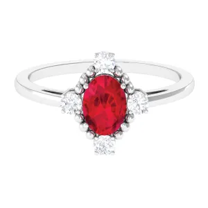 Vintage Style Oval Created Ruby Solitaire Engagement Ring with Diamond