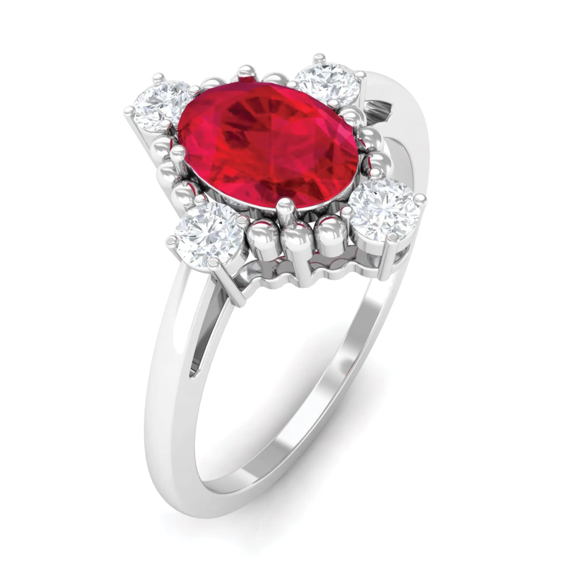 Vintage Style Oval Created Ruby Solitaire Engagement Ring with Diamond