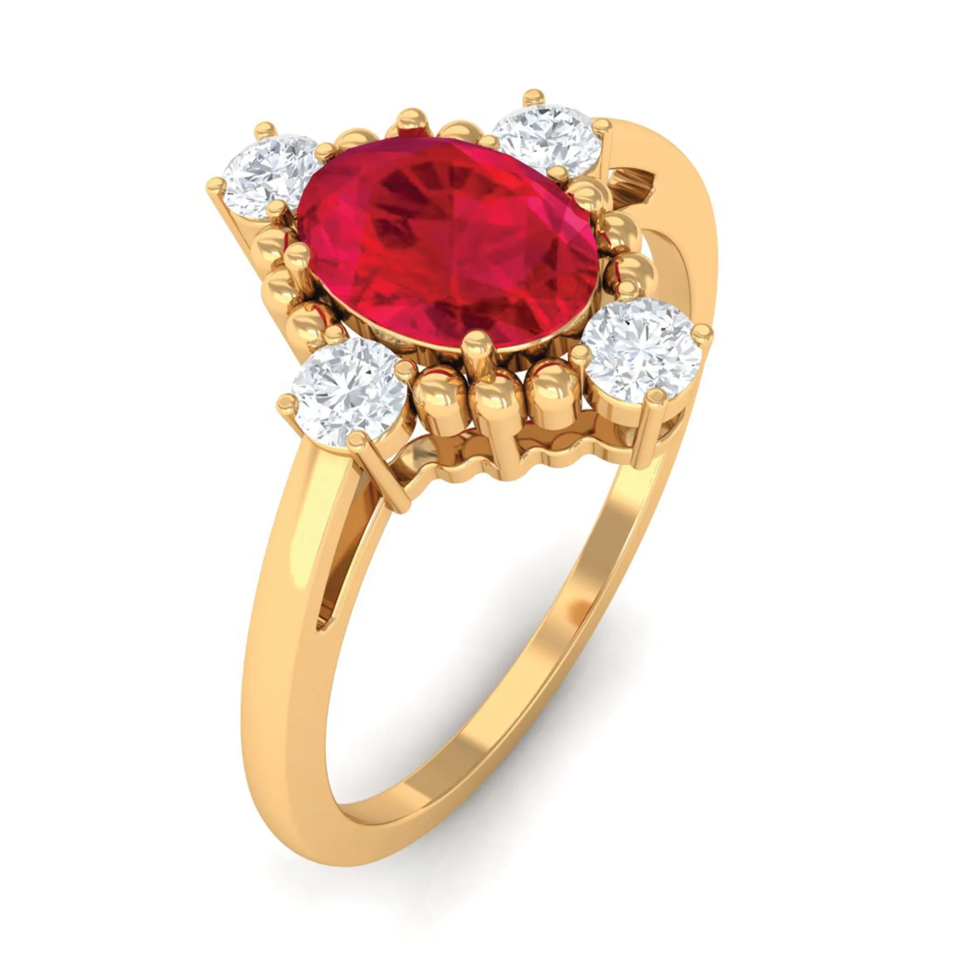 Vintage Style Oval Created Ruby Solitaire Engagement Ring with Diamond