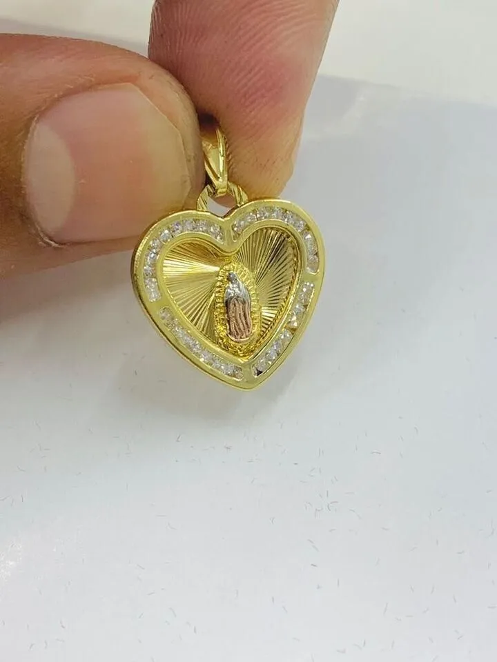 Virgen de Guadalupe Necklace Pendant Charm 14K Gold Filled CZ Stones Figaro Chain 20"