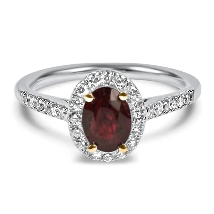 White Gold Oval Ruby and Diamond Halo Ring