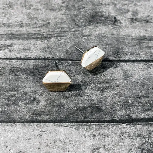 White Marble & Gold Hexagon Stud Earrings