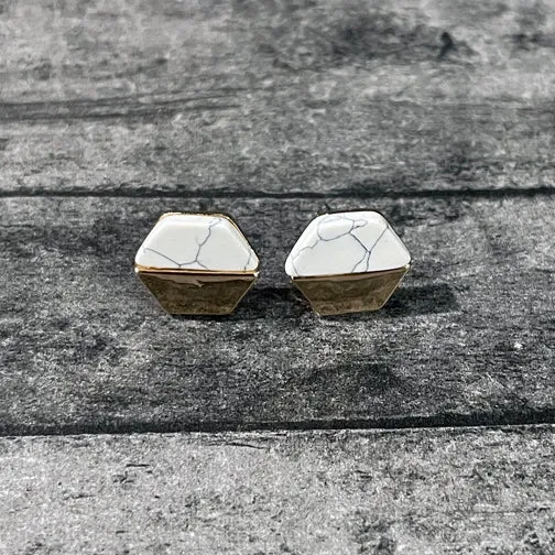 White Marble & Gold Hexagon Stud Earrings