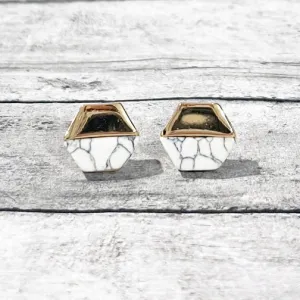 White Marble & Gold Hexagon Stud Earrings