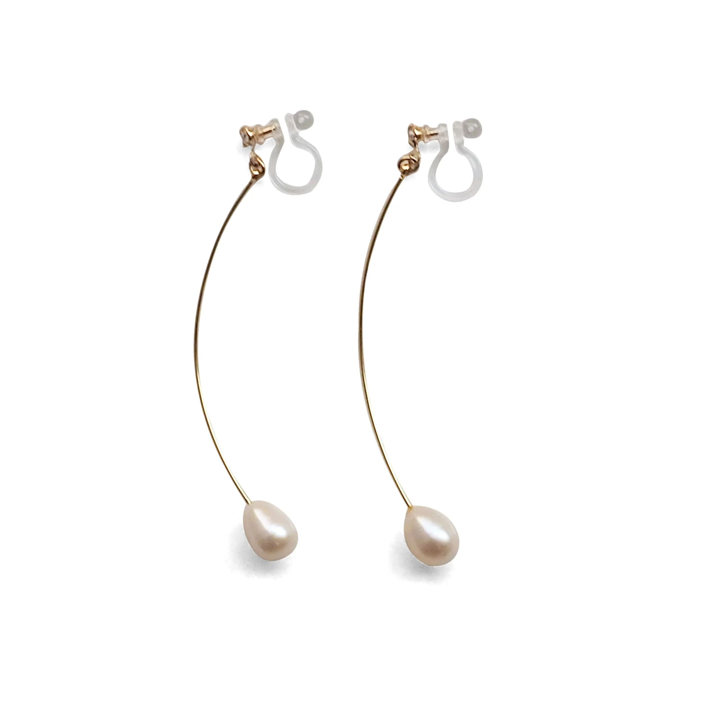 White Teardrop Freshwater Pearl Invisible Clip On Earrings (Gold tone Wave Bar)