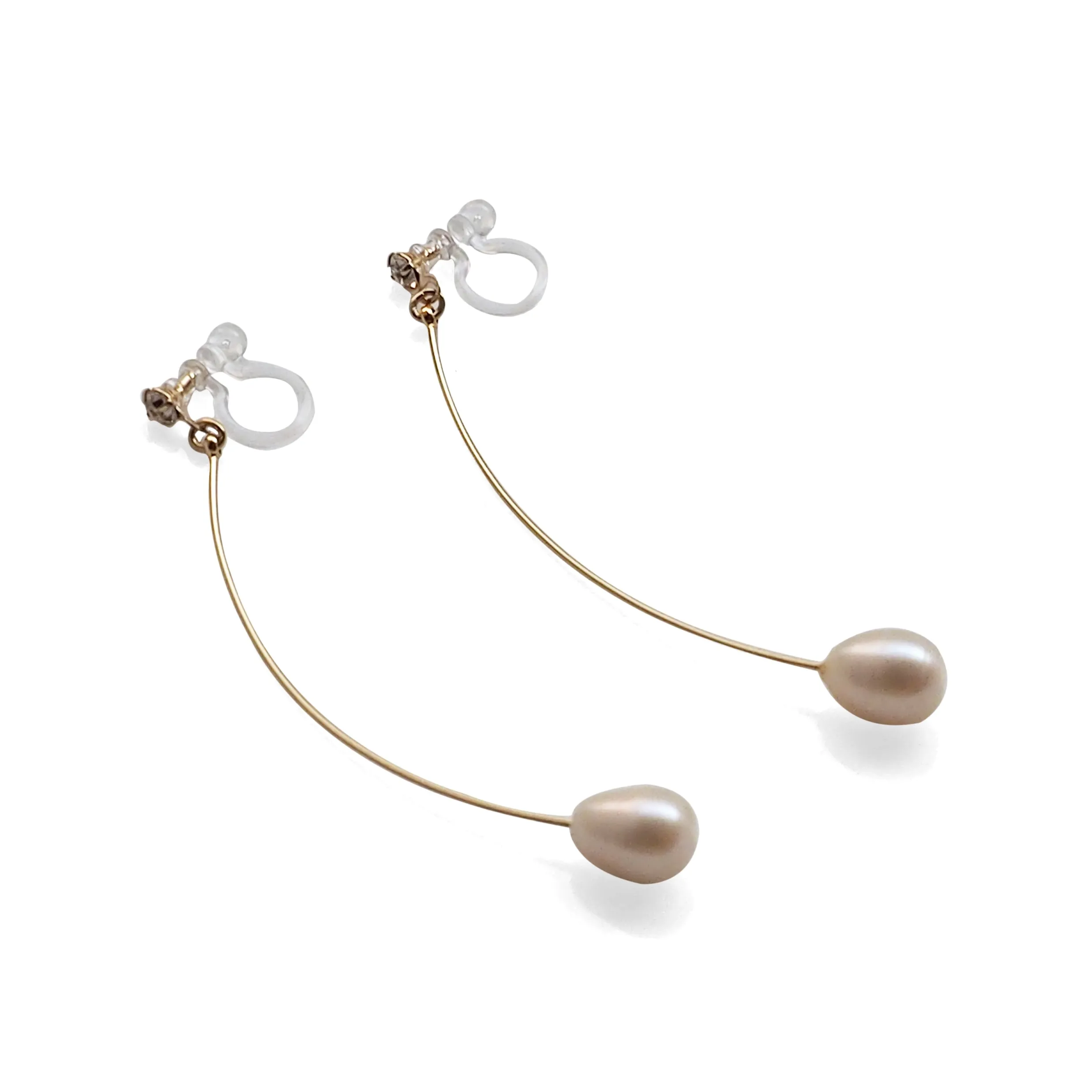 White Teardrop Freshwater Pearl Invisible Clip On Earrings (Gold tone Wave Bar)