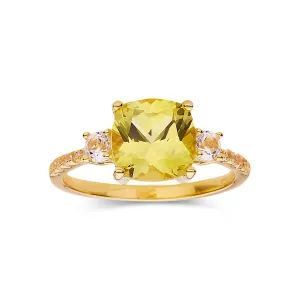 Yellow Sapphire Cushion Three Stone Ring