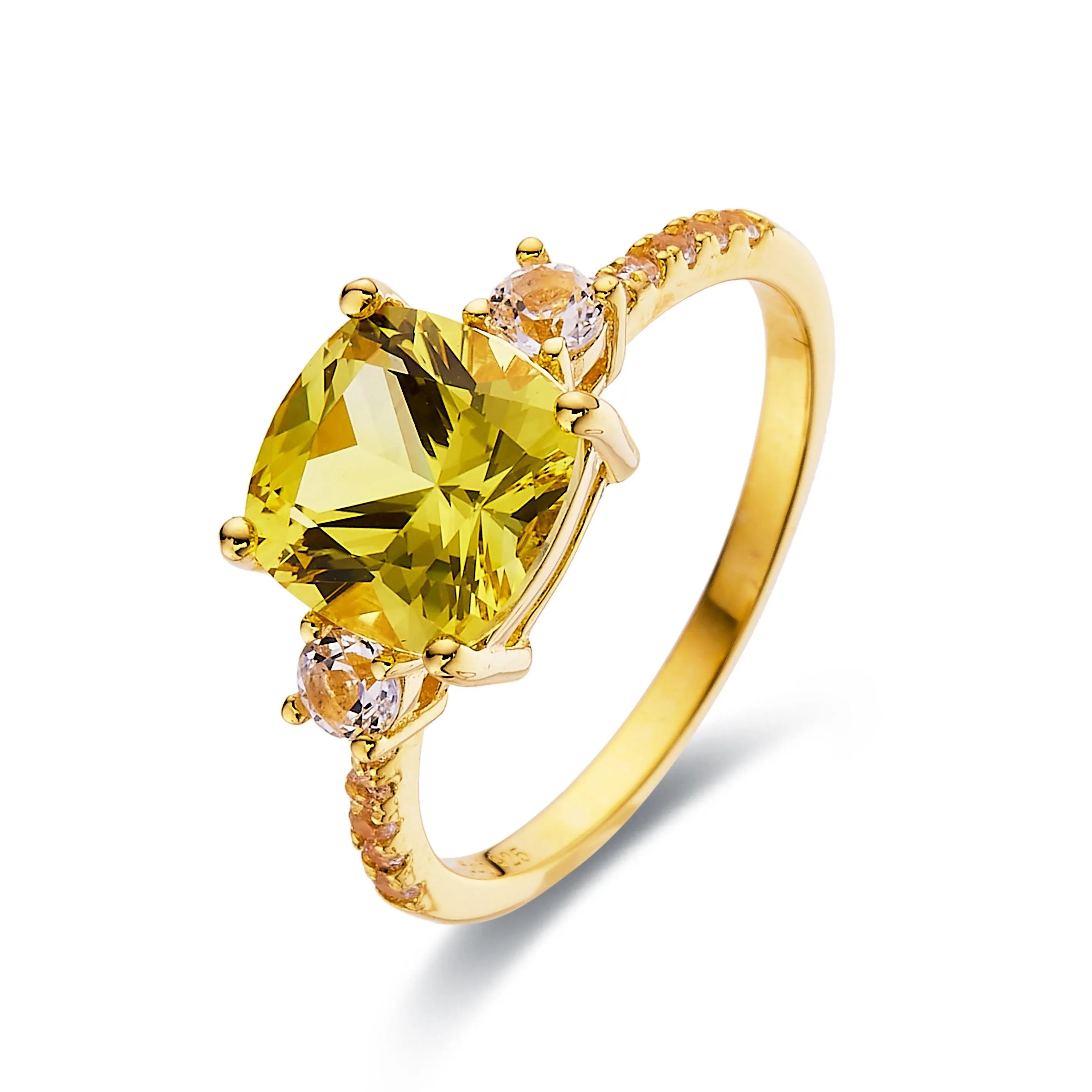 Yellow Sapphire Cushion Three Stone Ring